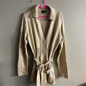 Women’s Lauren Ralph Lauren Belted Long 100% Cotton Beige Cardigan Sweater XL